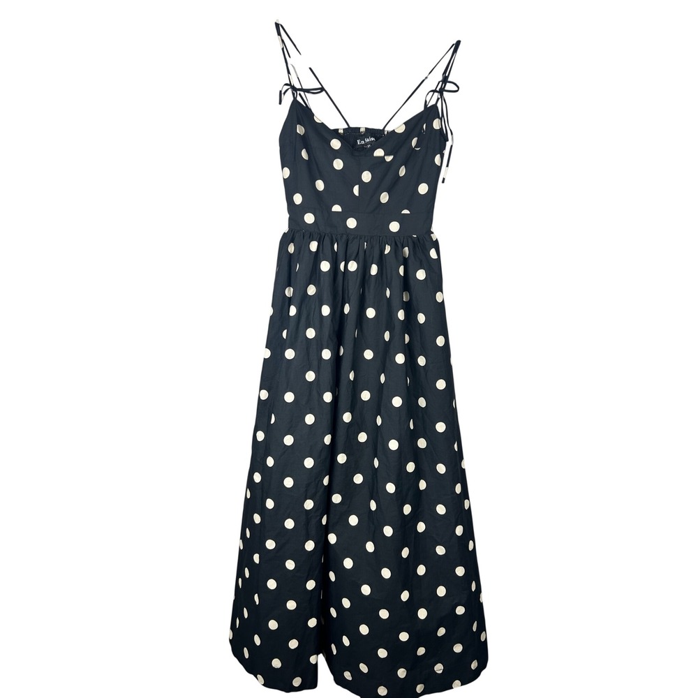 En Saison Black White Polka Dot Maxi Dress Cotton Smocked Back XS